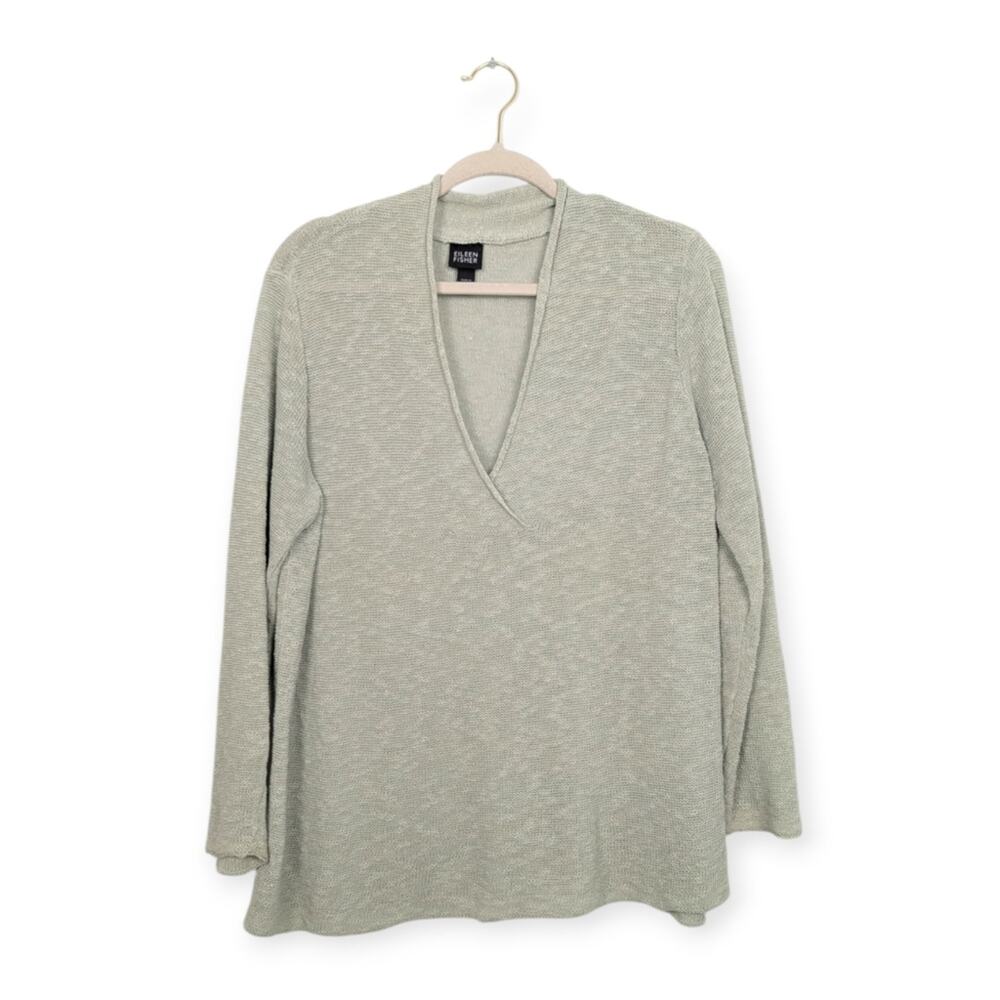 Eileen Fisher Sweater L Sage Organic Linen Blend V Neck Lightweight Minimalist